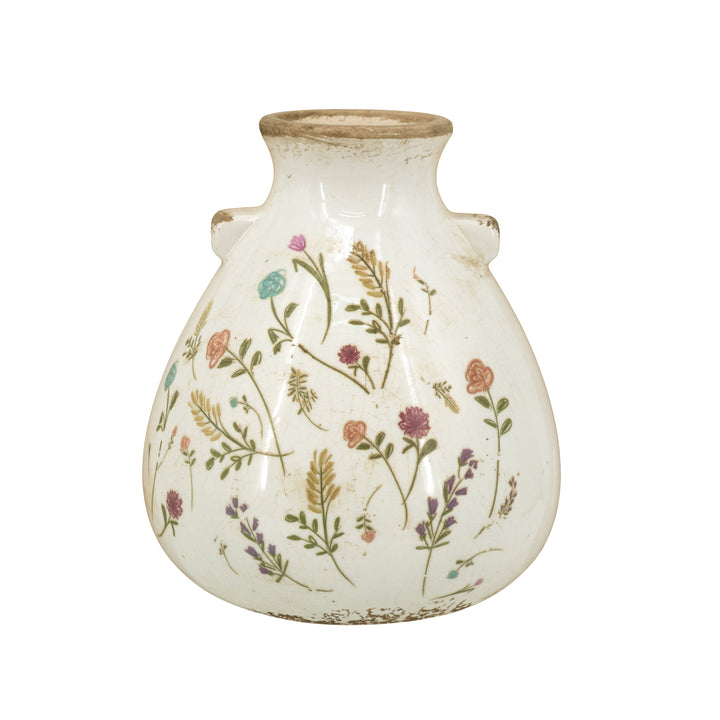 6.7x6.7x7.7" Round Ceramic Accent Vase with Multi-Colored Floral Motifs