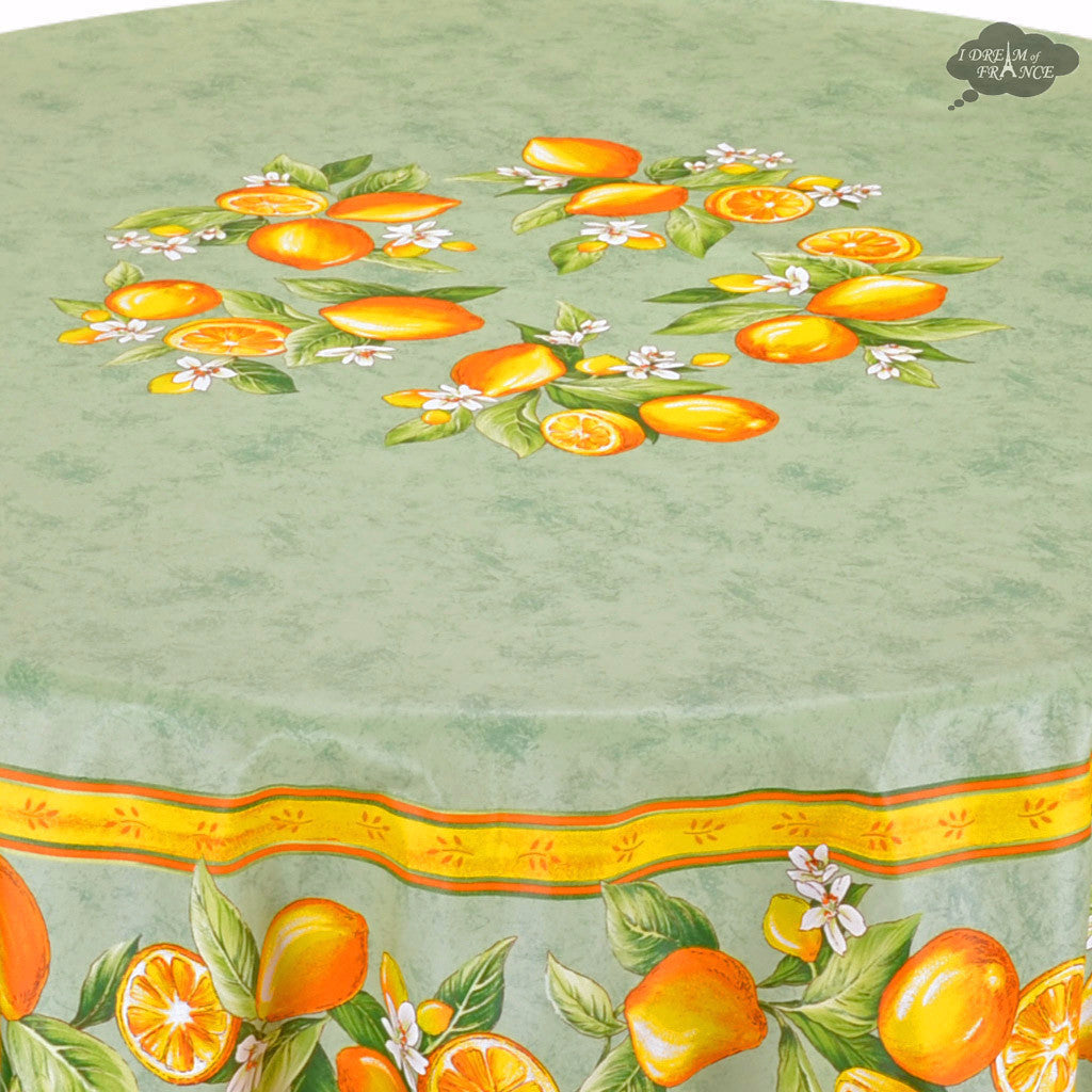 French Provencal tablecloth - Cotton, natural or acrylic-coated - 70" round - Lemon green | Tissus Toselli - MADE IN FRANCE