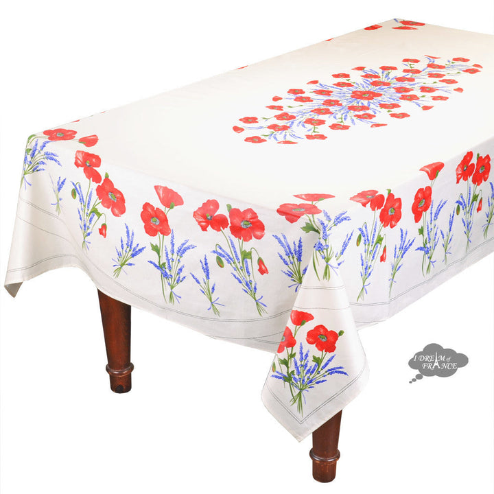 French Provencal tablecloth - Acrylic coated cotton, Spill-proof - 60x96" Rectangular - Poppies ivory | Tissus Toselli - MADE IN FRANCE