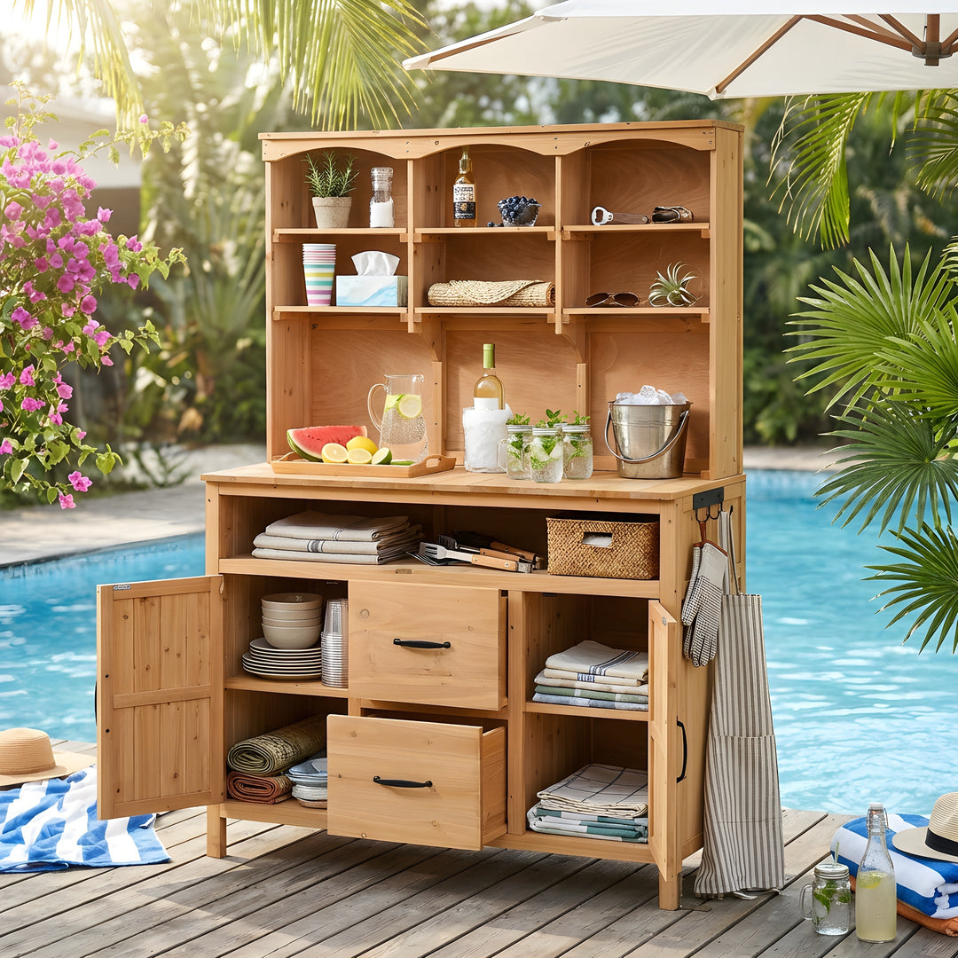 TOPMAX Large Fir Wood Potting Bench with Hutch, Cabinets &amp; Drawers
