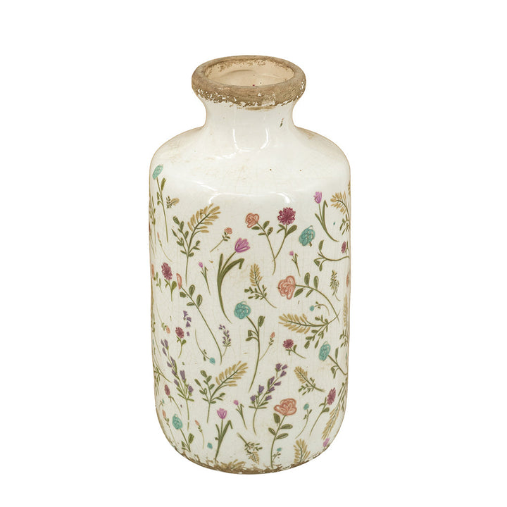 D5.3x10.6" Ceramic Cylinder Vase with Multi-Colored Floral Motifs