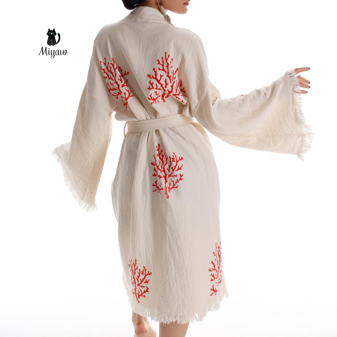 Organic Cotton Red Sea Coral Beach Kimono: Eco-Friendly Handmade Robe