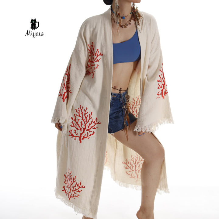 Organic Cotton Red Sea Coral Beach Kimono: Eco-Friendly Handmade Robe