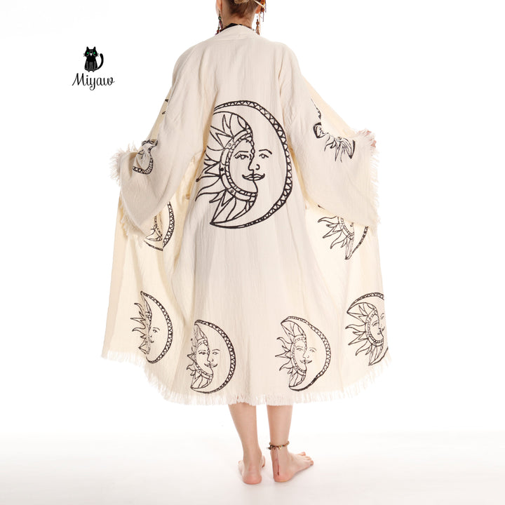 Boho Moon and Sun Print Organic Cotton Kimono Robe for Beach Days