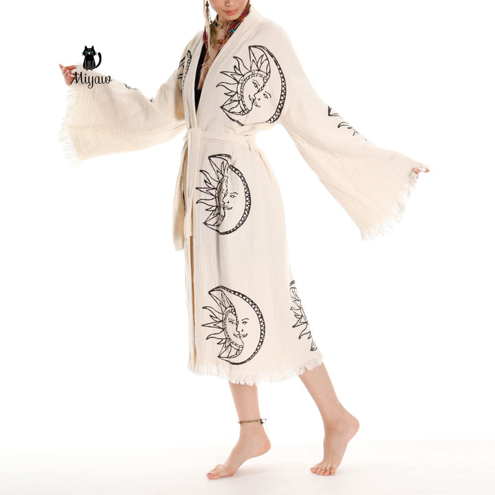 Boho Moon and Sun Print Organic Cotton Kimono Robe for Beach Days