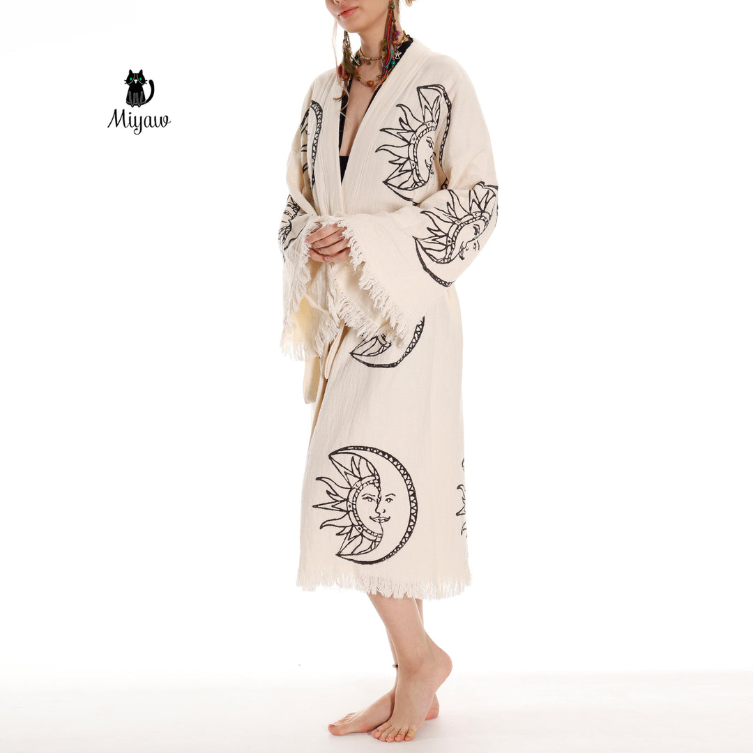 Boho Moon and Sun Print Organic Cotton Kimono Robe for Beach Days