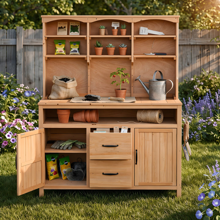 TOPMAX Large Fir Wood Potting Bench with Hutch, Cabinets &amp; Drawers