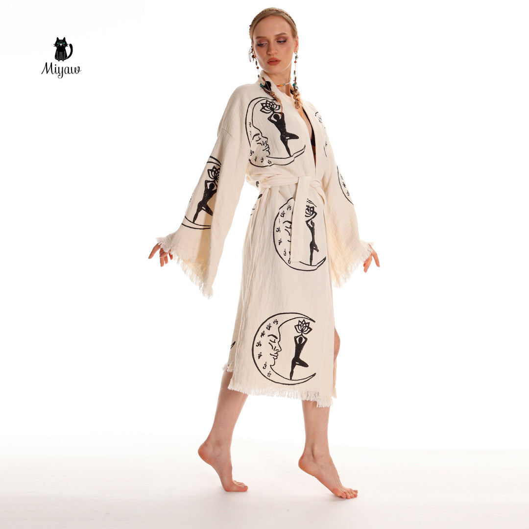 Boho Cotton Kimono Robe – Yoga Girl &amp; Moon Stamp, Organic Loungewear