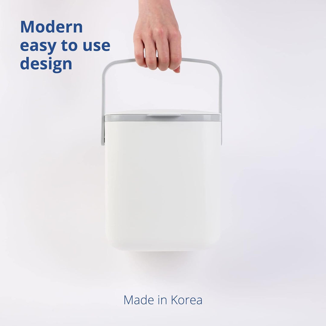BLUE GINKGO Kitchen Compost Bin [5L / 1.32 GAL] – Filter-Free, Odor-Tight Countertop Food Waste Pail with Handles (Made in Korea, White)