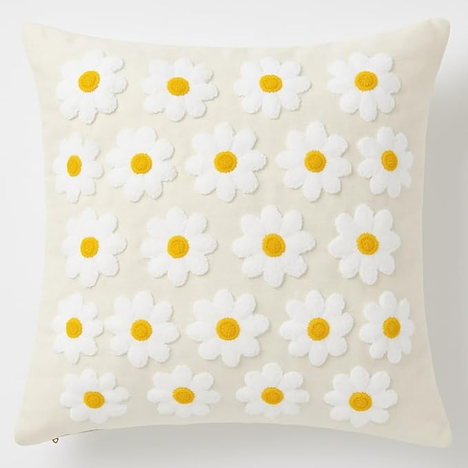 katre home madame &amp; textile Throw Pillow Cover – Handcrafted Daisy Design on Natural Cotton – 18x18 inch – Decorative Punch Needle Cushion Cover – Boho Floral Accent Pillowcase