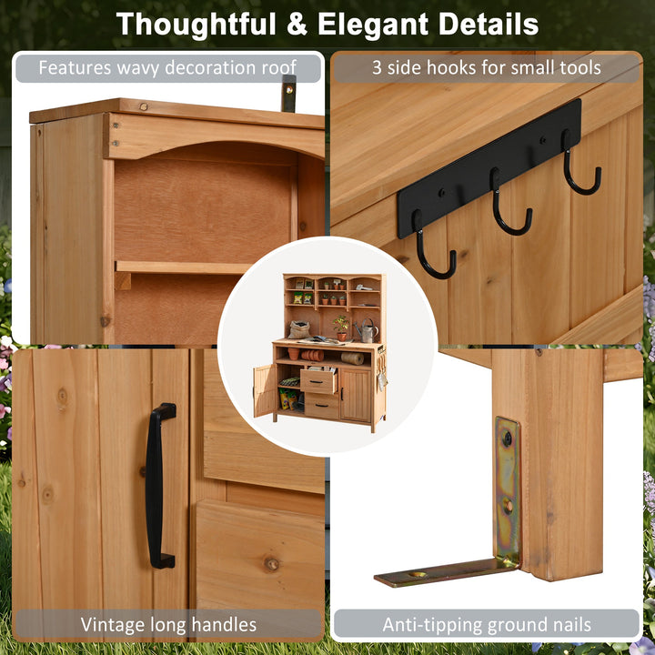 TOPMAX Large Fir Wood Potting Bench with Hutch, Cabinets &amp; Drawers