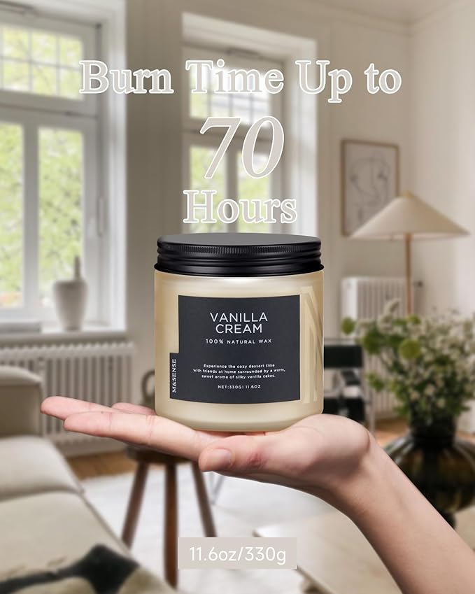 M&amp;SENSE Vanilla Soy Candles, Medium 2 Wick 11.6oz 70 Hours Burning Time, All Natural Organic Soy Wax, Relaxing Aromatherapy Scented Candle, Housewarming Gift for Women and Men