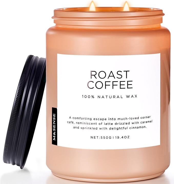 M&amp;SENSE Coffee Candles Scented Strong, 2 Wick Jar Candle 19.4oz, 110 Hours Burning Time, Organic Natural Soy Wax Candle for Bedroom Kitchen Home Decor, Housewarming Gift for Men and Women