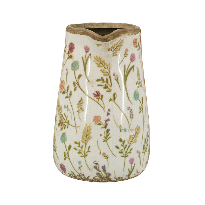 Round Ceramic Pitcher Vase with Multi-Colored Floral Motifs