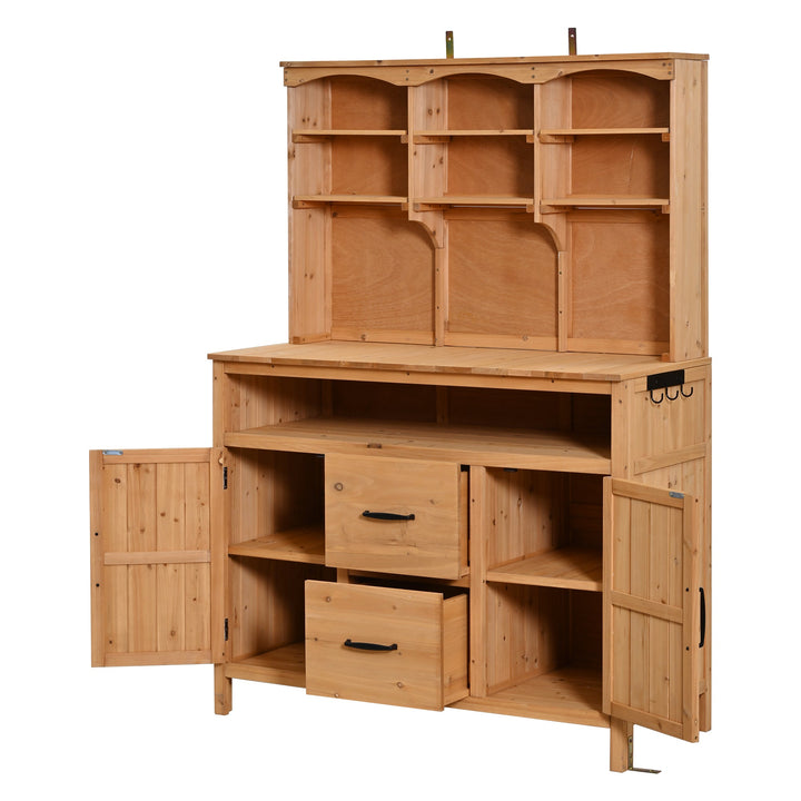 TOPMAX Large Fir Wood Potting Bench with Hutch, Cabinets &amp; Drawers