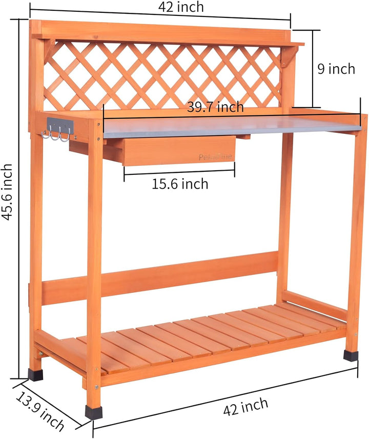 Outdoor Potting Bench &amp; Wooden Gardening Work Station Planting Table with Metal Tabletop, Drawer, Storage, and Hooks