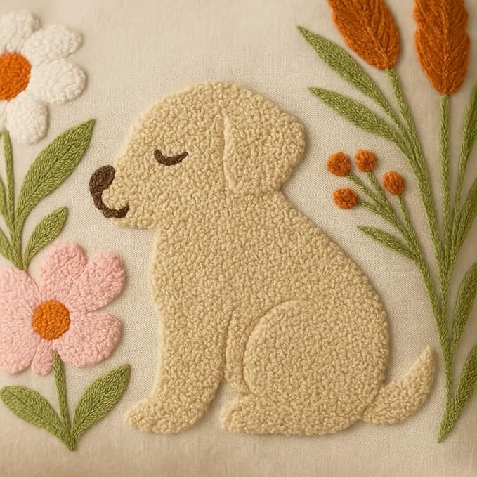 katre home madame &amp; textile Embroidered Dog Pillow Cover – 18x18 inch Handmade Punch Needle Cushion – Boho Cotton Throw Pillow for Couch, Bed, or Gift for Dog Lovers