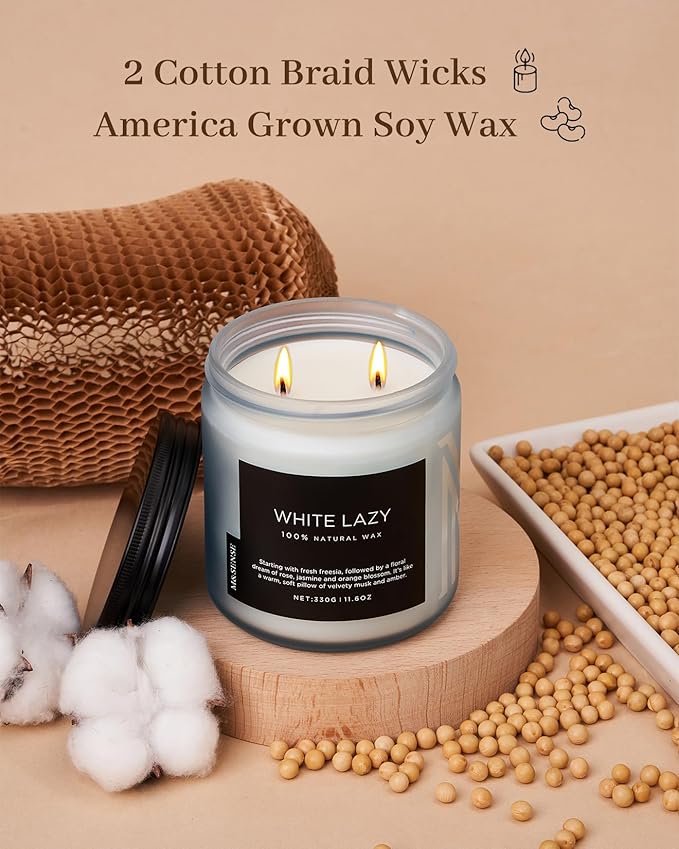 M&amp;SENSE Jasmine &amp; Clean Cotton Spring Scented Candle, 11.6oz Aromatherapy Gifts 2 Wick 70 Hours Long Lasting Burn, Natural Organic Soy Candle, Housewarming Gifts for Dad Mom Friends