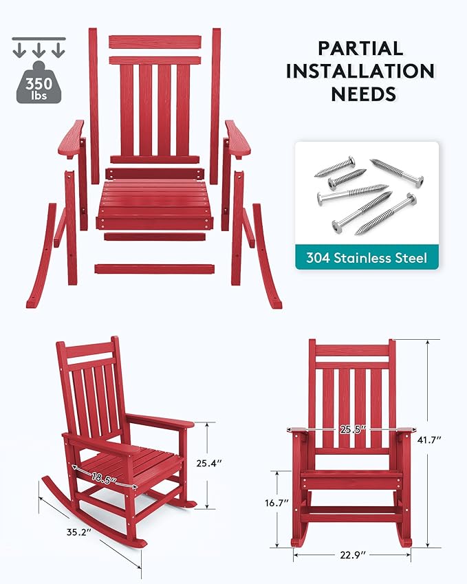 SERWALL Oversized Rocking Chair, Outdoor Rocking Chair Set for Adults, All Weather Resistant Porch Rocker for Lawn Garden, Red