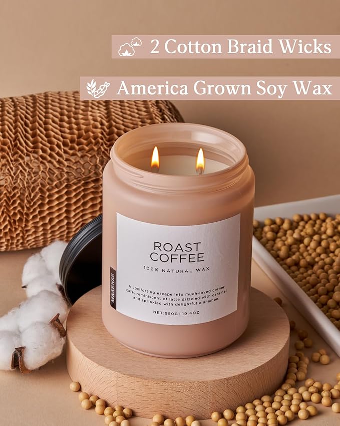 M&amp;SENSE Coffee Candles Scented Strong, 2 Wick Jar Candle 19.4oz, 110 Hours Burning Time, Organic Natural Soy Wax Candle for Bedroom Kitchen Home Decor, Housewarming Gift for Men and Women