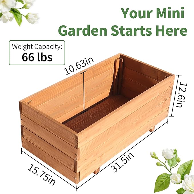 Wooden Raised Garden Bed Planter Box – Fir Wood Outdoor Vegetable, Herb &amp; Flower Box with Drainage Holes – 31.5"x15.75"x12.6", Rot-Resistant, for Patio, Yard, Balcony