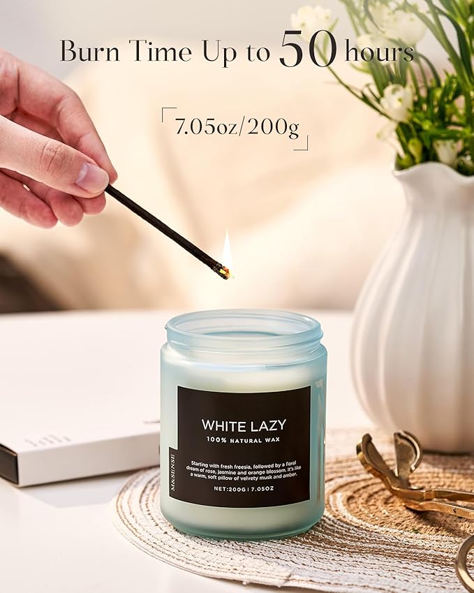M&amp;SENSE White Lazy - Clean Cotton &amp; Jasmine Scented Natural Soy Wax Jar Candles for Home Decor 7.05oz 50 Hour Long Lasting Burning, Non Toxic Organic Natural Relaxing Candle for Women