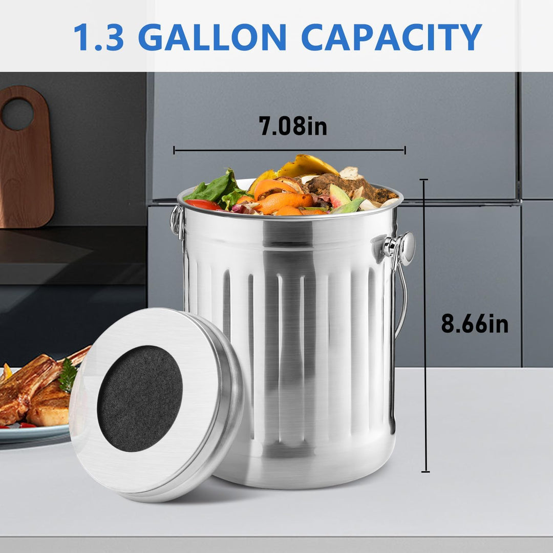 ENLOY Compost Bin for Kitchen Countertop, 1.3 Gallon Stainless Steel Indoor Compost Bucket for Kitchen Countertop Odorless Compost Pail for Kitchen Food Waste with Carrying Handle Easy to Clean
