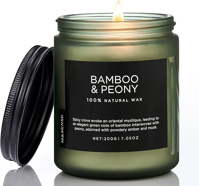 M&amp;SENSE Bamboo Peony Spring Jar Candles for Home Scented Natural Organic Soy Candle Gifts for Women, 7.05oz 50 Hour Hours Burn Fresh Smelling Aromatherapy Gifts for Stress Relief