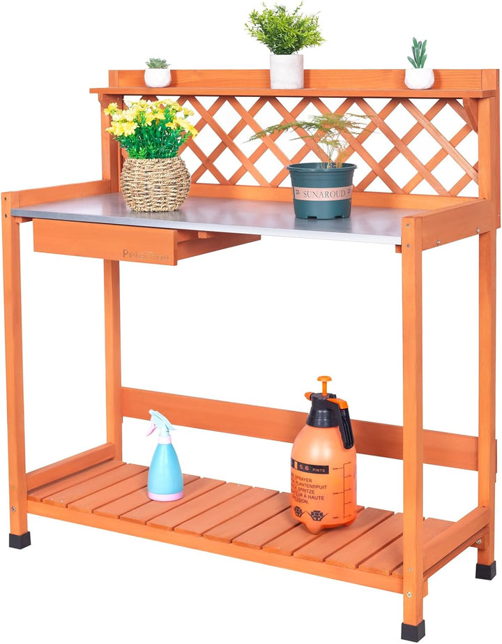Outdoor Potting Bench &amp; Wooden Gardening Work Station Planting Table with Metal Tabletop, Drawer, Storage, and Hooks