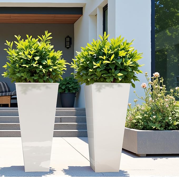 Worth Garden 28" H. Large Metal Glazed Planter Set of 2, Modern Glossy Finish White Tall Square Tapered Steel Flower Plant Pots for Indoor &amp; Outdoor Use - Insert Plate with Drain Holes, Air Vents