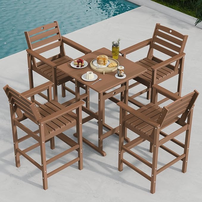 Tall Adirondack Chairs Set of 2, HDPE Wood Balcony Adirondack Chairs Set with Heart Cutout Design, Weather-Resistant Bar Height Furniture for Deck, Porch, Pool (Teak)