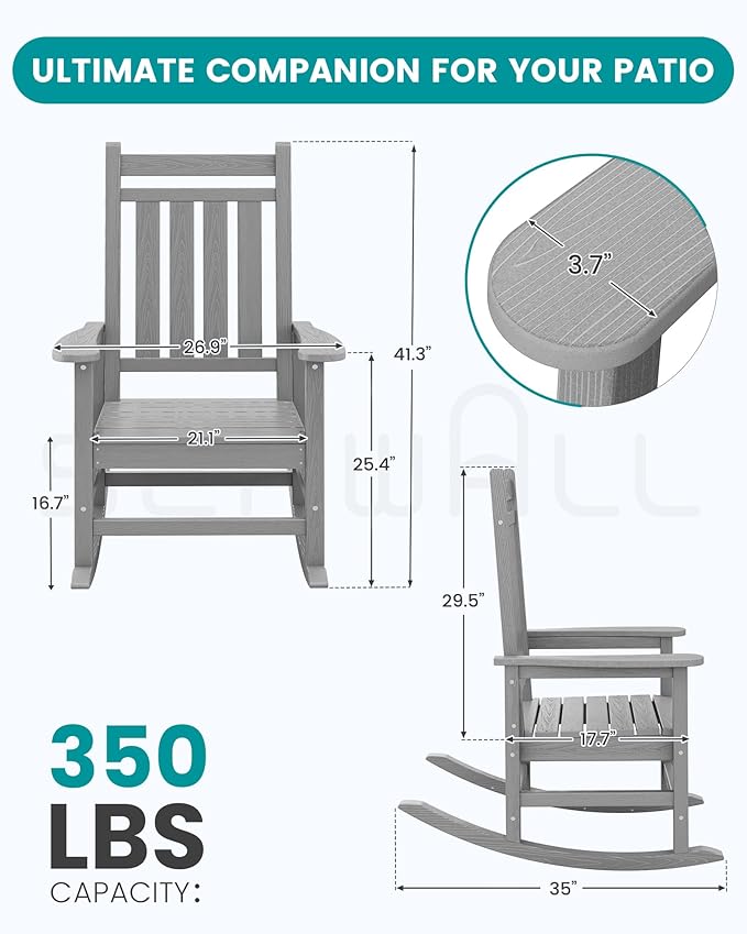 SERWALL Oversized Outdoor Rocking Chair Set of 2, HDPE Rocker for Adults, Patio Rocking Chairs for Porch, Sliver Gray