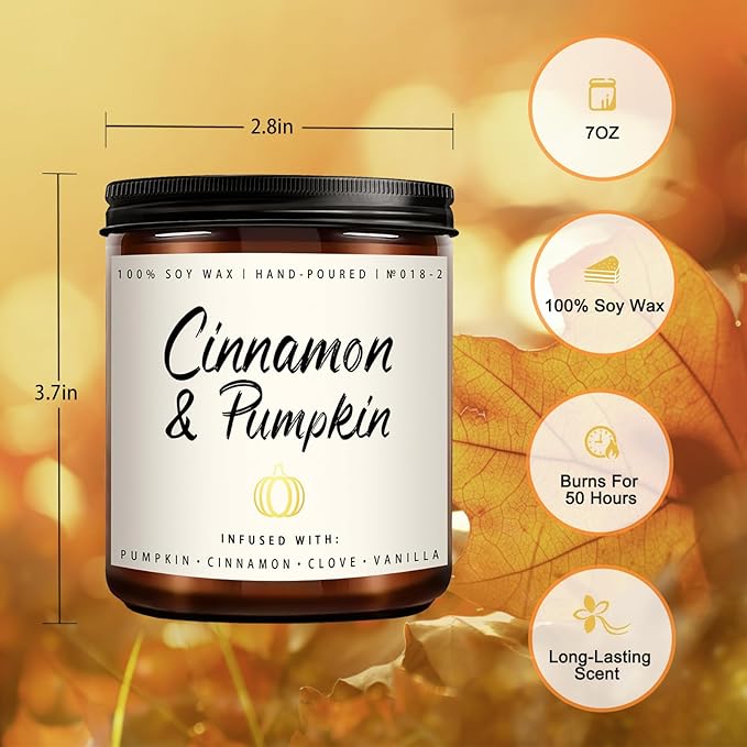Cinnamon &amp; Pumpkin Scented Candle – Fall Candles for Home Scented, Soy Candles for Home, 7 oz Cozy Pumpkin Candle for Women &amp; Men, Autumn Décor &amp; Holiday Gifts