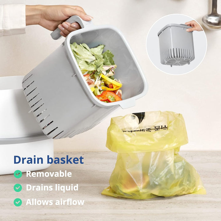 BLUE GINKGO Kitchen Compost Bin [5L / 1.32 GAL] – Filter-Free, Odor-Tight Countertop Food Waste Pail with Handles (Made in Korea, White)