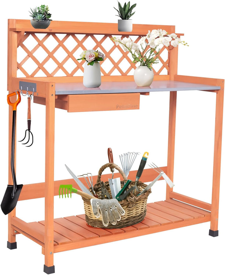 Outdoor Potting Bench &amp; Wooden Gardening Work Station Planting Table with Metal Tabletop, Drawer, Storage, and Hooks