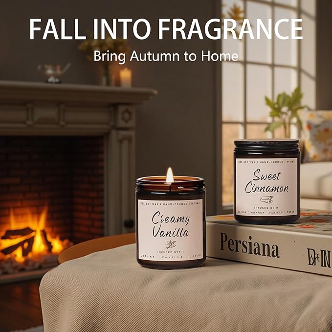 Auelife Fall Candle, Creamy Vanilla Scented Candle for Home - Fall Soy Wax Candles - Autumn Aromatheraphy Candles Gifts Set for Women &amp; Men, Holiday, Thanksgiving Decor, 7oz