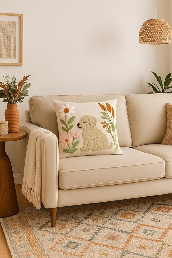 katre home madame &amp; textile Embroidered Dog Pillow Cover – 18x18 inch Handmade Punch Needle Cushion – Boho Cotton Throw Pillow for Couch, Bed, or Gift for Dog Lovers