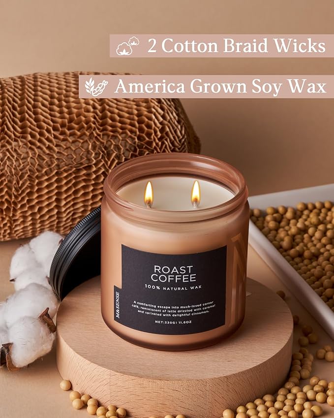 M&amp;SENSE Coffee Candles Scented Strong, 2 Wick 11.6oz 70 Hours Burning Time Organic Natural Soy Wax Candle for Bedroom Kitchen Home Decor, Housewarming Gift for Men and Women