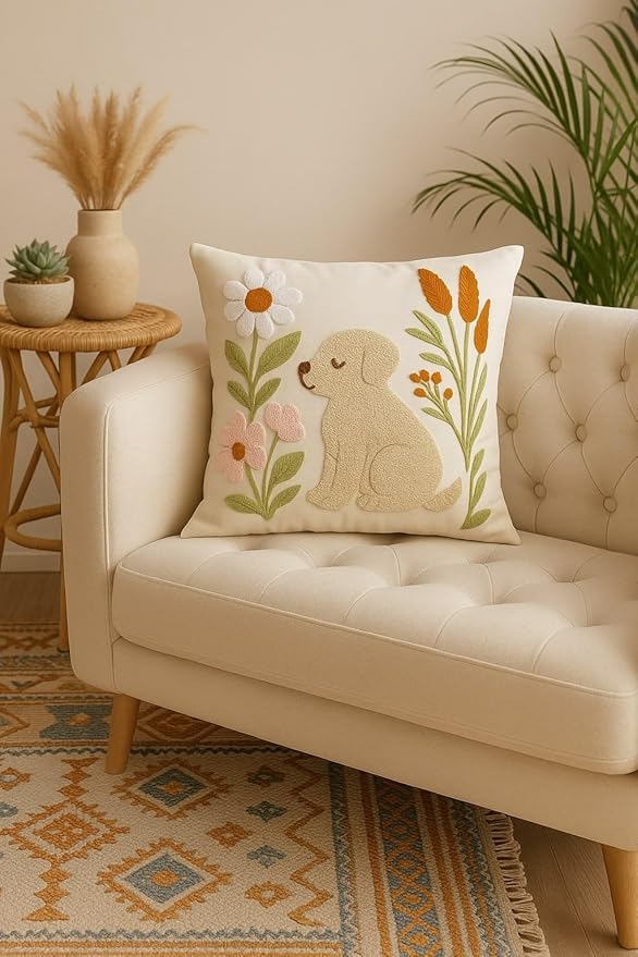 katre home madame &amp; textile Embroidered Dog Pillow Cover – 18x18 inch Handmade Punch Needle Cushion – Boho Cotton Throw Pillow for Couch, Bed, or Gift for Dog Lovers