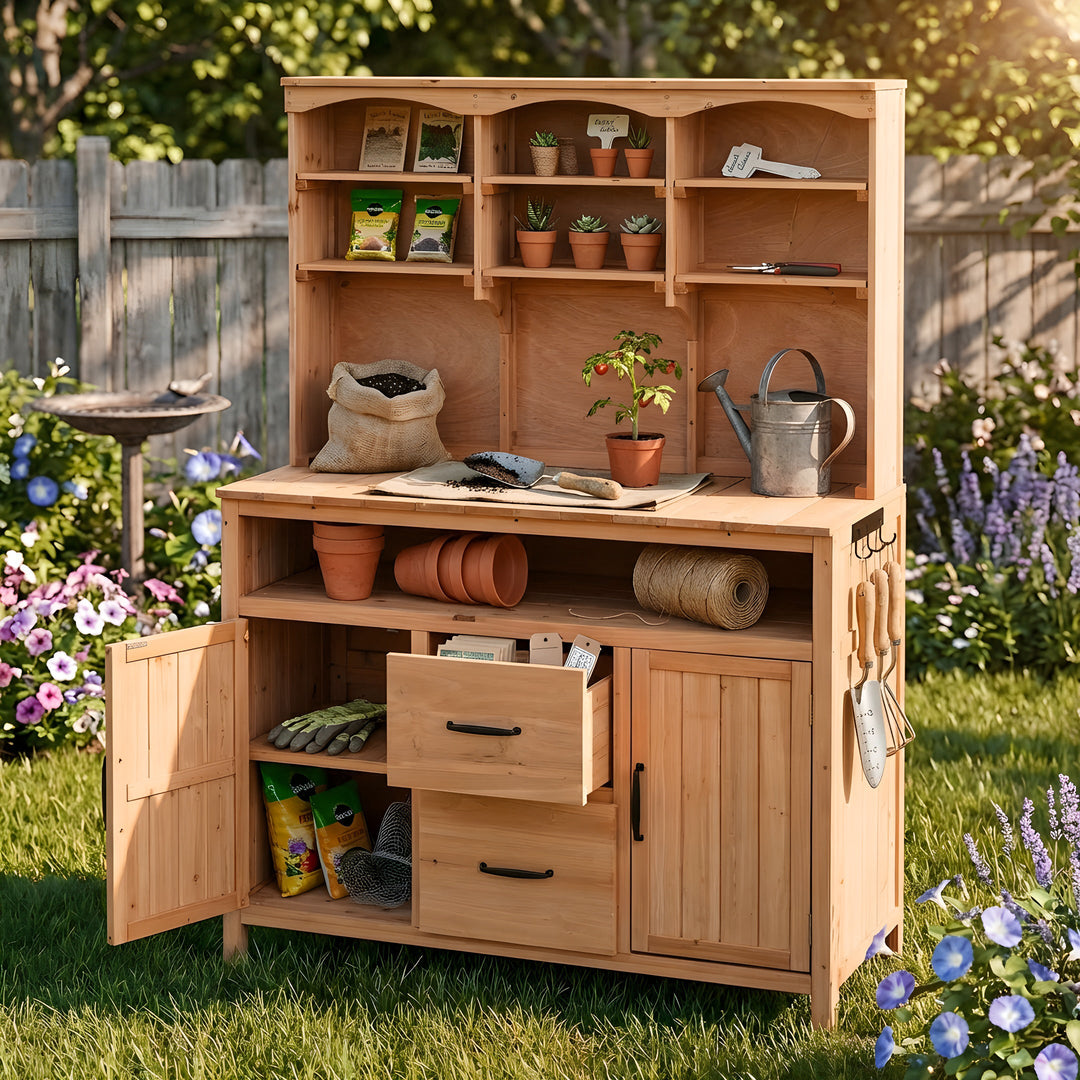 TOPMAX Large Fir Wood Potting Bench with Hutch, Cabinets &amp; Drawers