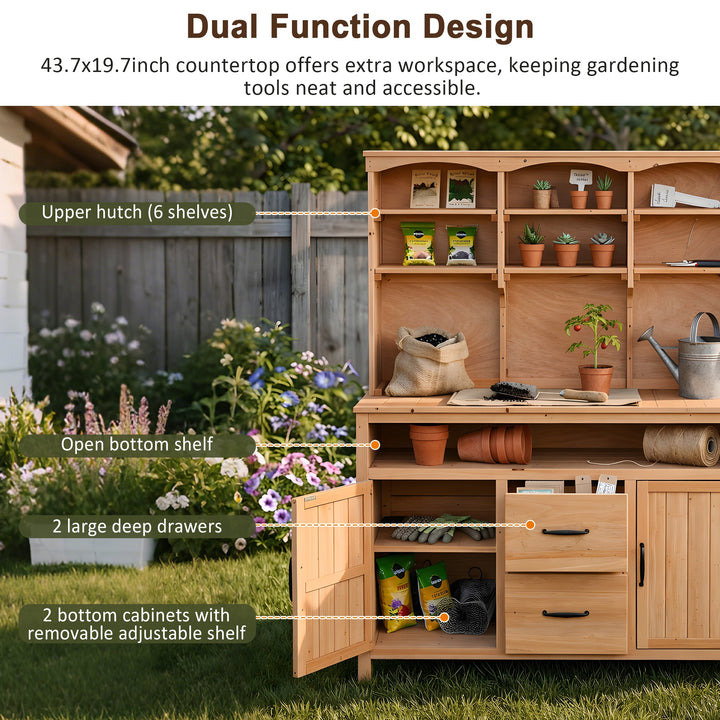 TOPMAX Large Fir Wood Potting Bench with Hutch, Cabinets &amp; Drawers