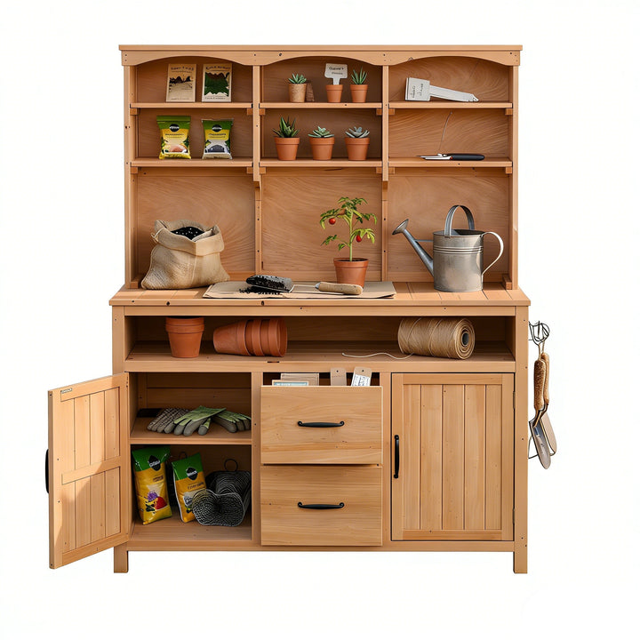 TOPMAX Large Fir Wood Potting Bench with Hutch, Cabinets &amp; Drawers