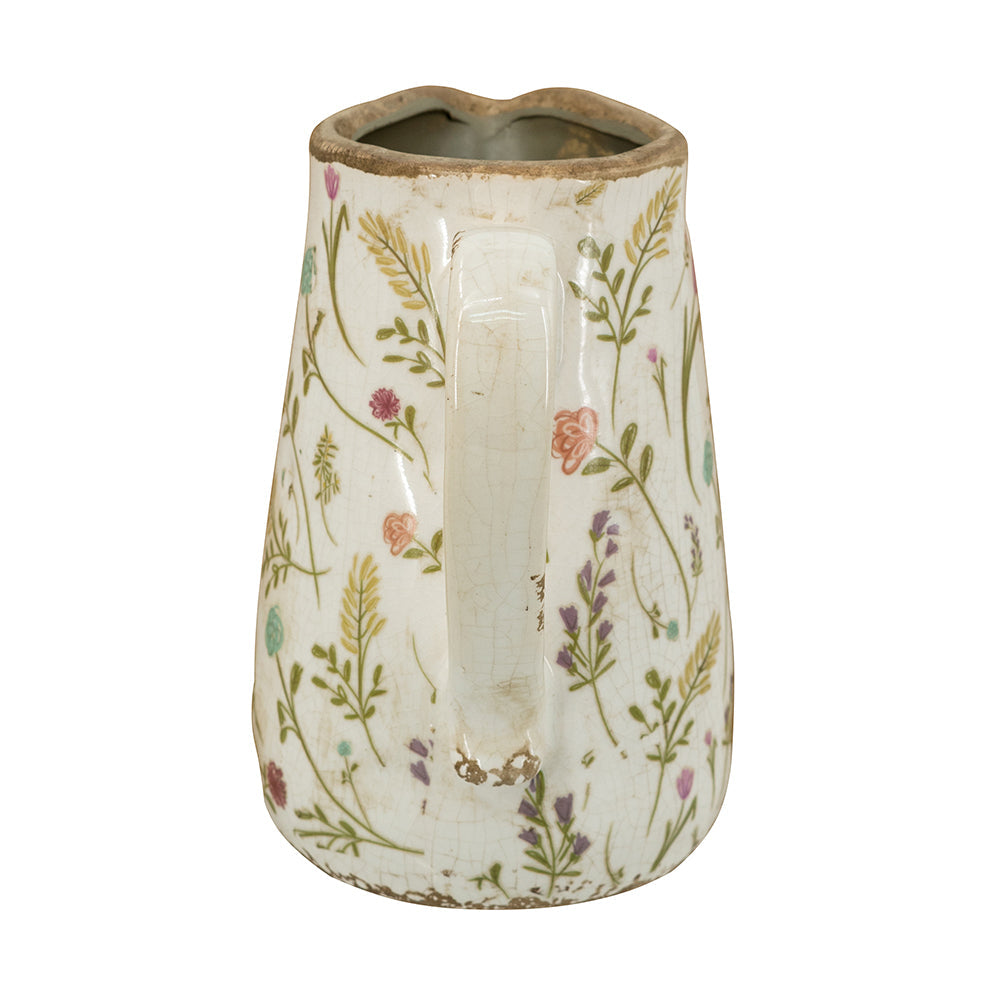 Round Ceramic Pitcher Vase with Multi-Colored Floral Motifs