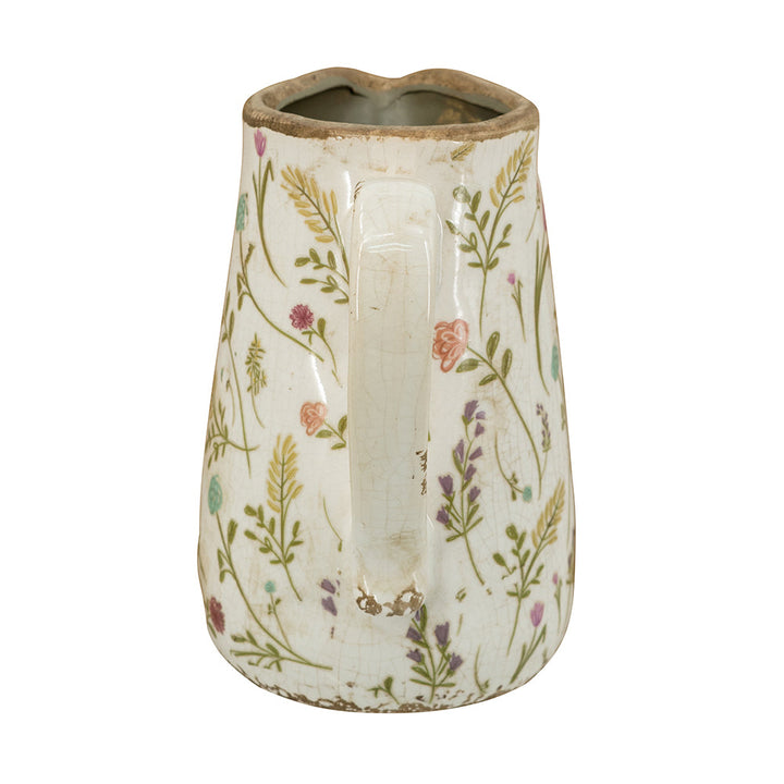 Round Ceramic Pitcher Vase with Multi-Colored Floral Motifs