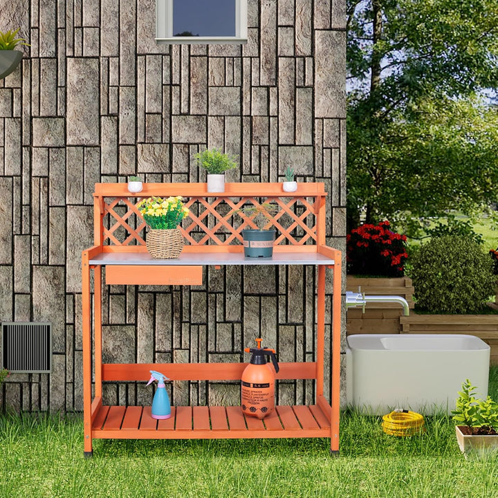 Outdoor Potting Bench &amp; Wooden Gardening Work Station Planting Table with Metal Tabletop, Drawer, Storage, and Hooks