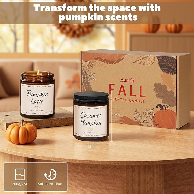 Auelife Fall Candle, Caramel Pumpkin Scented Candle – Fall Soy Candles for Home, Cozy Autumn Aromatherapy Candles, Sweet Pumpkin &amp; Caramel Fragrance | Gift for Women, Home Décor