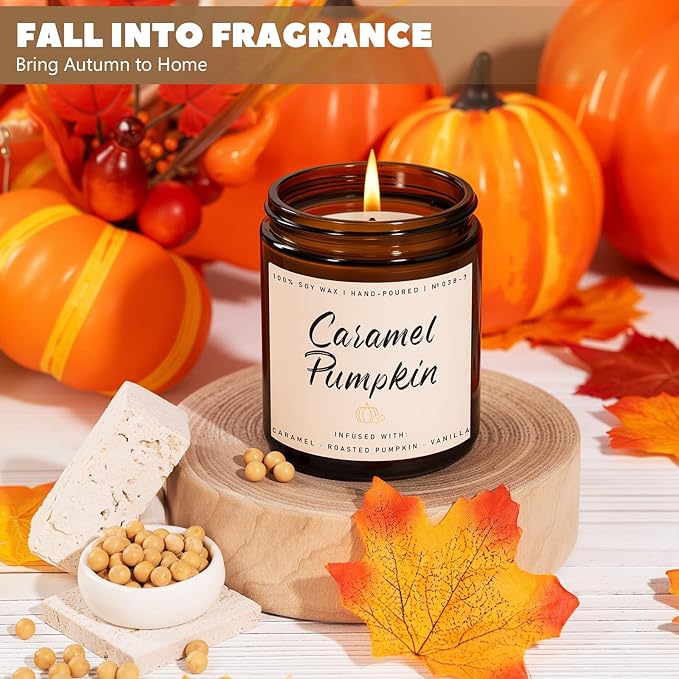 Auelife Fall Candle, Caramel Pumpkin Scented Candle – Fall Soy Candles for Home, Cozy Autumn Aromatherapy Candles, Sweet Pumpkin &amp; Caramel Fragrance | Gift for Women, Home Décor