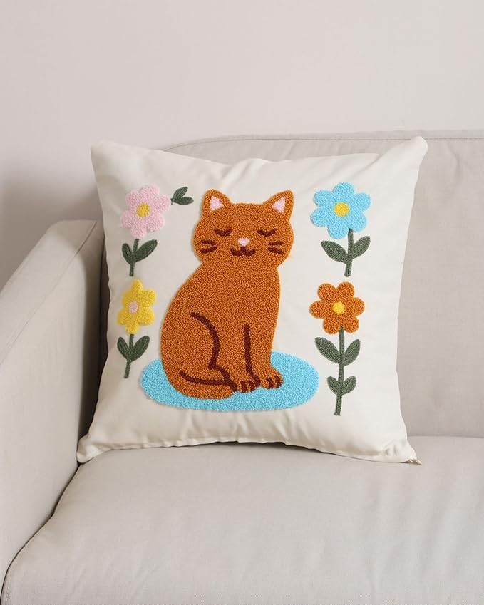 katre home madame &amp; textile Cat Throw Pillow Cover – 100% Cotton Embroidered Decorative Cushion Case 18x18 – Handmade Punch Needle Pillow for Sofa, Bed, Couch or Gift for Cat Lovers