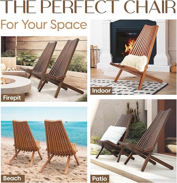 IDZO Elina FSC Eucalyptus Tamarack Chair, 300Lbs Capacity Modern Adirondack Style, Wooden Folding Seat, for Fire Pit Outdoor &amp; Indoor - Cinnamon, Single