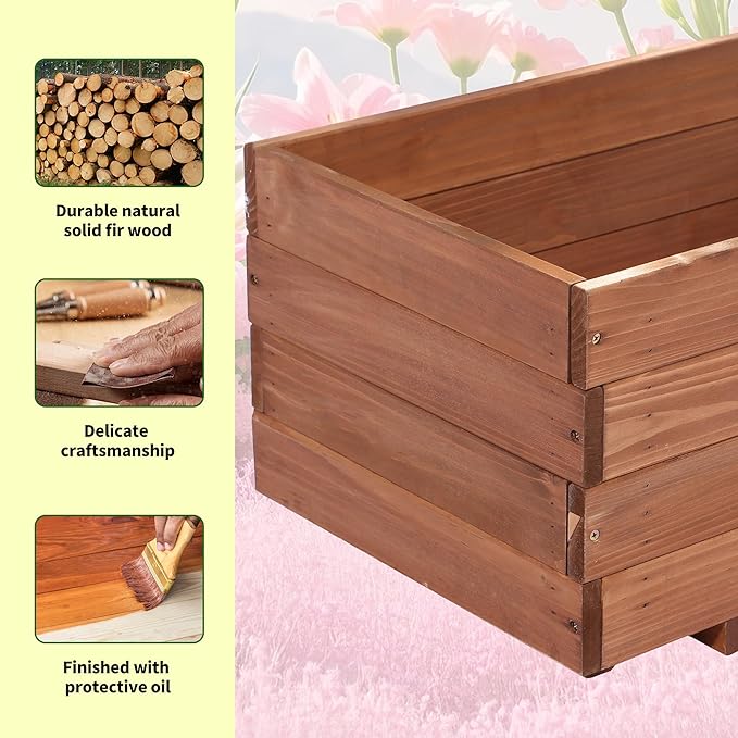 Wooden Raised Garden Bed Planter Box – Fir Wood Outdoor Vegetable, Herb &amp; Flower Box with Drainage Holes – 31.5"x15.75"x12.6", Rot-Resistant, for Patio, Yard, Balcony